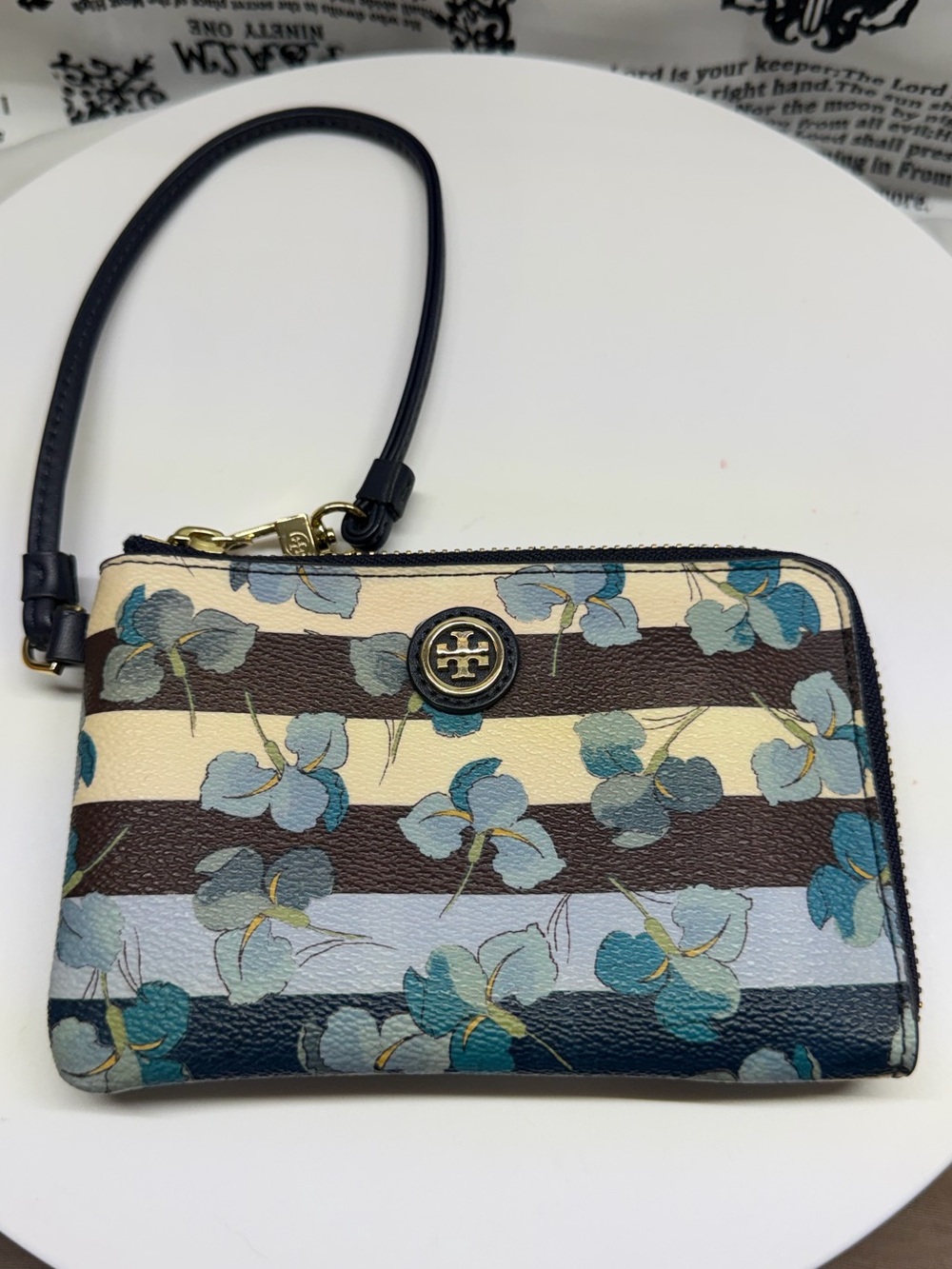 Tory Burch Blue Multi Floral Stripe Wristlet